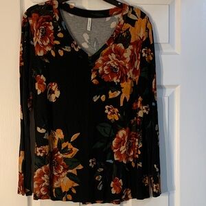Floral Long Sleeve Top - Black and Orange